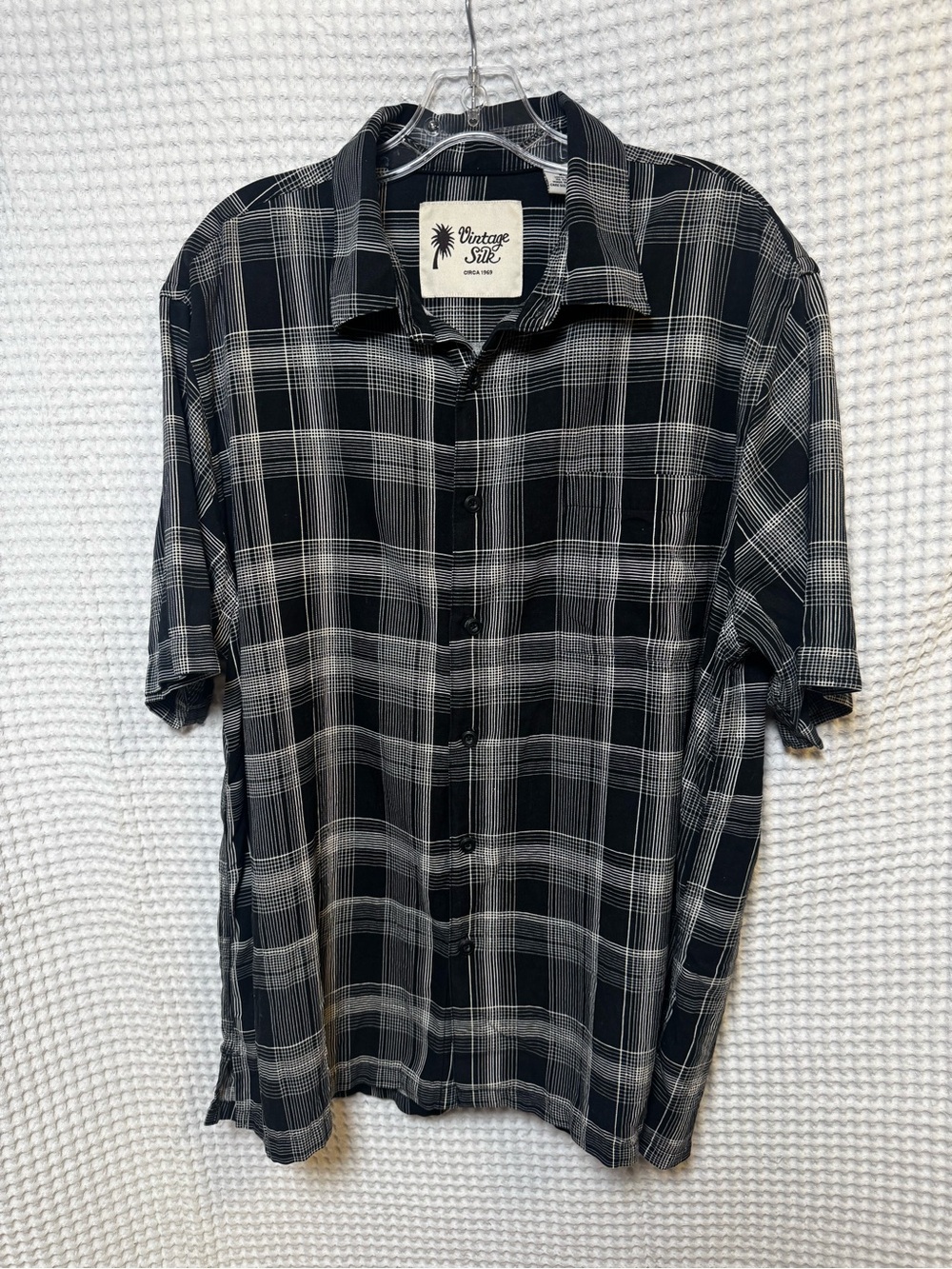 Vintage Silk Circa 1969 Black White Grid Plaid Button Down Shirt, Size XL